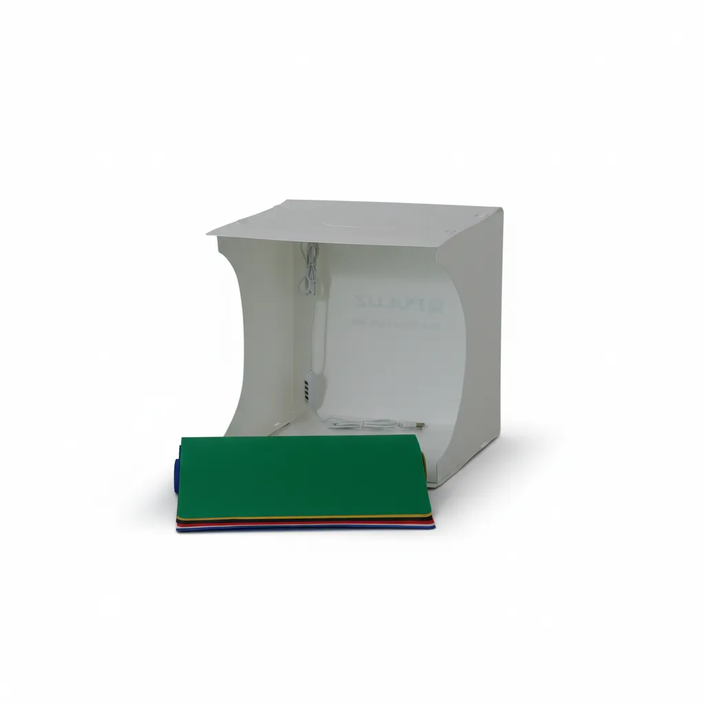 Caja de luz portátil con iluminación LED integrada, tamaño 30×30×30 cm. Diseñada para fotografía de producto y objetos pequeños. Proporciona una iluminación básica y uniforme, adecuada para ecommerce y creación de contenido visual. Alimentación mediante conexión USB.