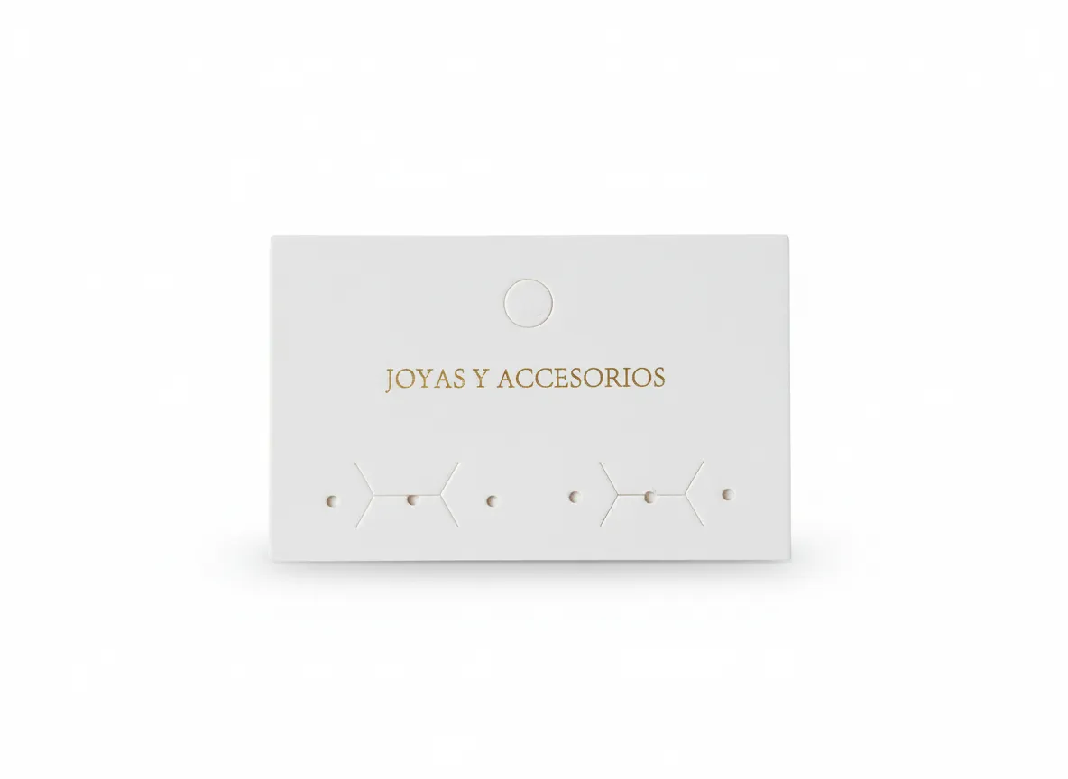 Tarjeta exhibidora para joyería de 3,5×4,5 cm, elaborada en cartón blanco. Diseñada para facilitar la presentación y organización de joyas y accesorios. Formato funcional para venta minorista y empaques personalizados.